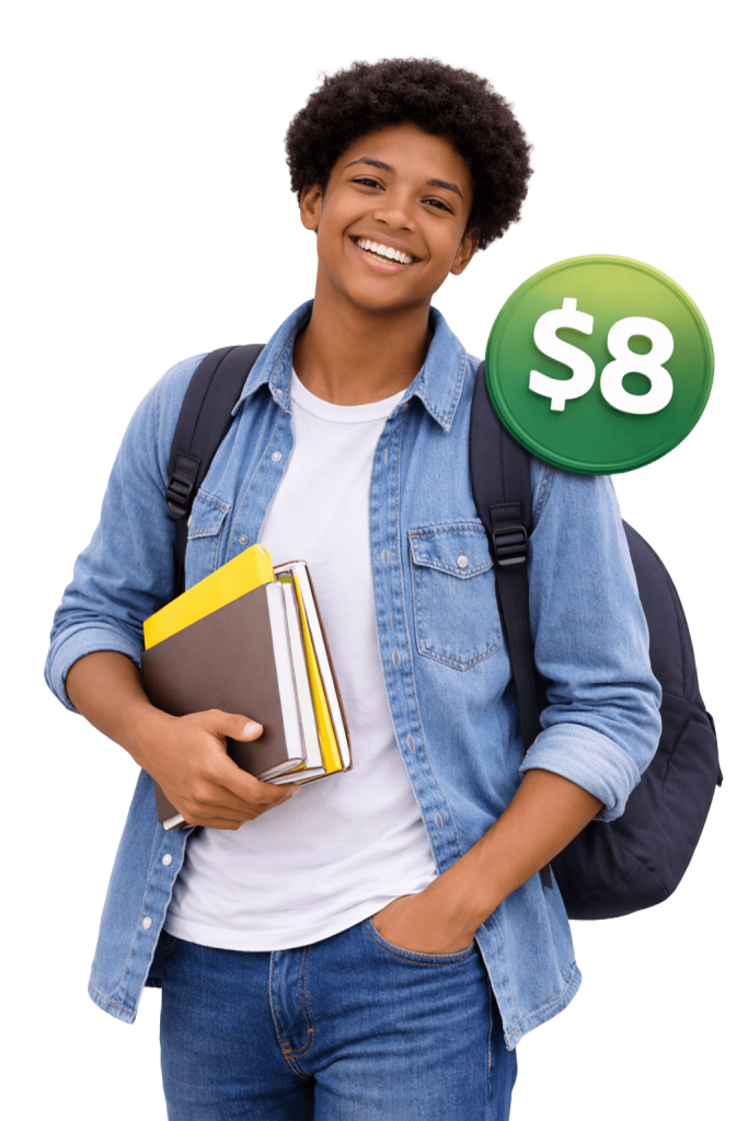 Student holding books and laptop with $8 price badge